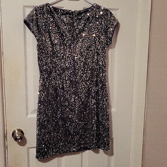Elisa J women's sequin velvet sheath dress jewelry neck cap size 12 P or L grey - Picture 4 of 8